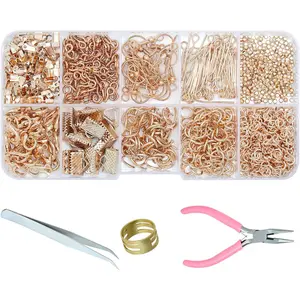 Making Supplies Kit,  Repair Tools Kit with Pliers, Open Jump Rings, Lobster Clasps, Earring Hooks, Eye Pins, Findings and Beading Wires for Adults and Beginners (Rose )