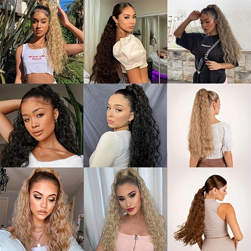 Wigs for Women, 85CM Long Corn Perm Ponytail in 15 Color Choices, Extension Magic Tape Self Adhesive Ponytail Fluffy Curly Wave Synthetic Hairpiece High Temperature Fiber Natural Looking Ponytail for Women Daily Party Use