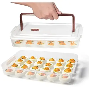 Set of 2 Plastic Deviled Egg Containers with Lid, Clear Stackable Portable Egg Tray Carrier with Handle Holds 48 Eggs for Fridge Storage