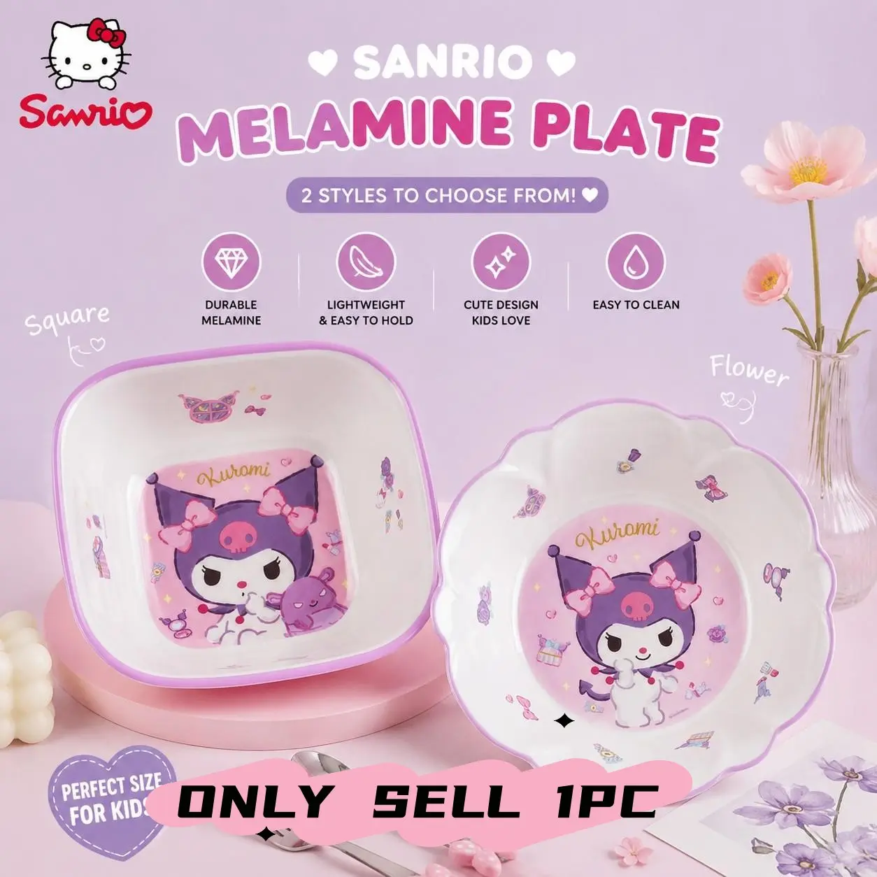 Sanrio Kuromi Melamine Plate, Cute Flower Ruffle, Round Dessert Dish, Kawaii Salad Snack Dinnerware, Salad Plates, Durable Plastic Tray, 1pc, Decorative Plates