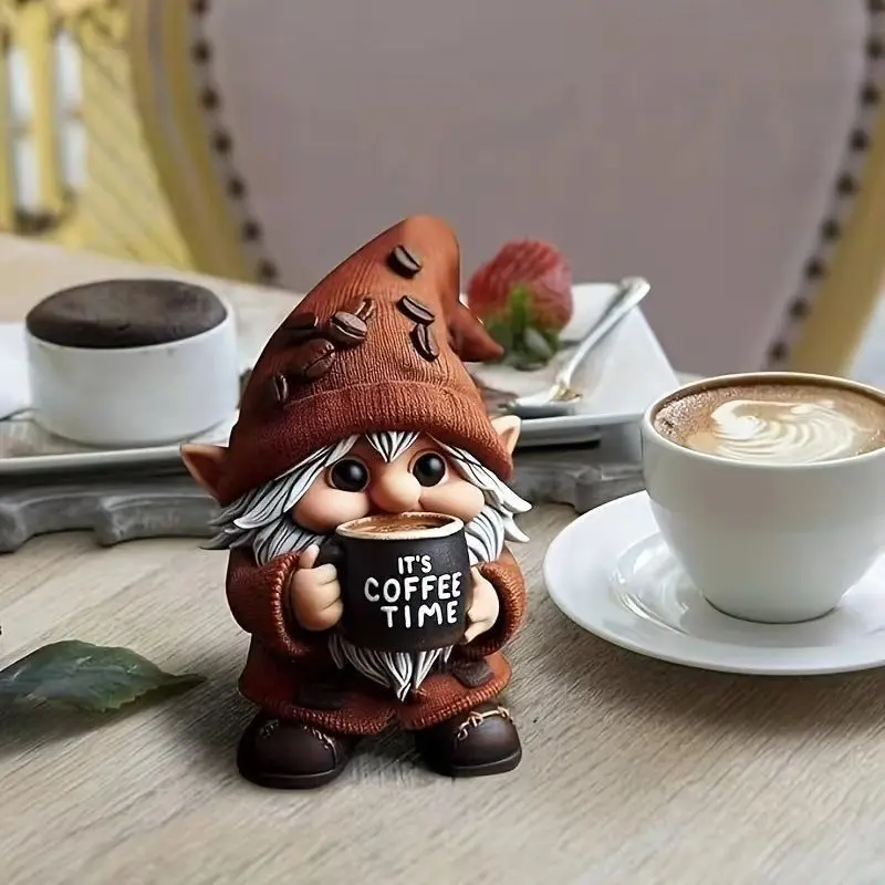 Coffee Time Dwarf Figurine, Decorative Figurine, Resin Figurine Statue, Resin Handmade with Cup, Overall Shape and Hat, Ideal Home Office Decor, 3D Design Coffee Cup, Collectible Figurines