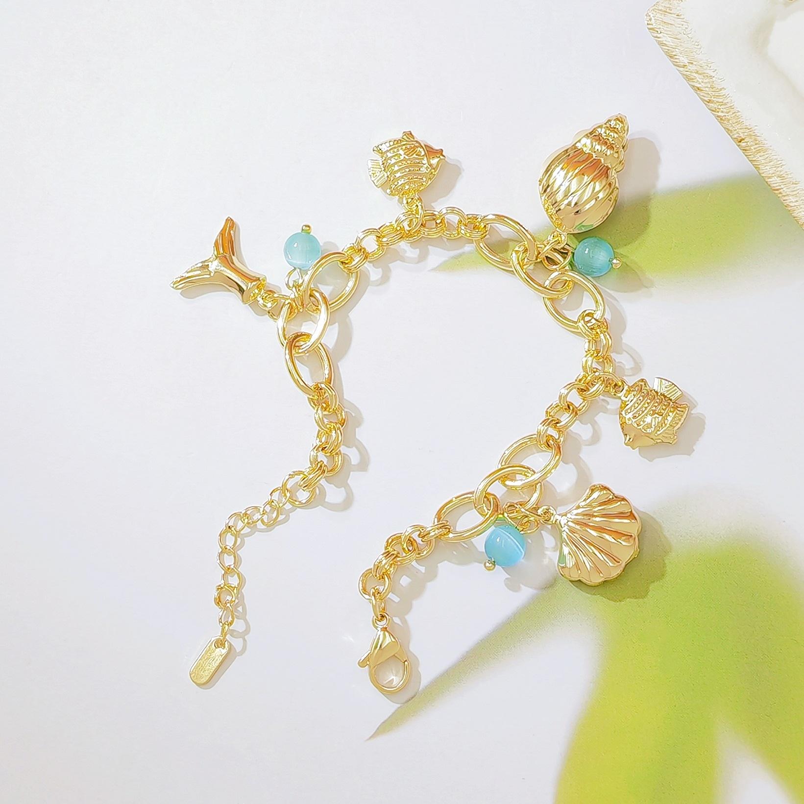 Ocean Inspired Shell Conch Mermaid Tail Bracelet, 18K Gold Plated with Blue Cat Eye Stone, Minimalist Unique Design, Trendy Summer Beach Jewelry for Women, Perfect for Daily Wear, Vacation & Beach Outfits