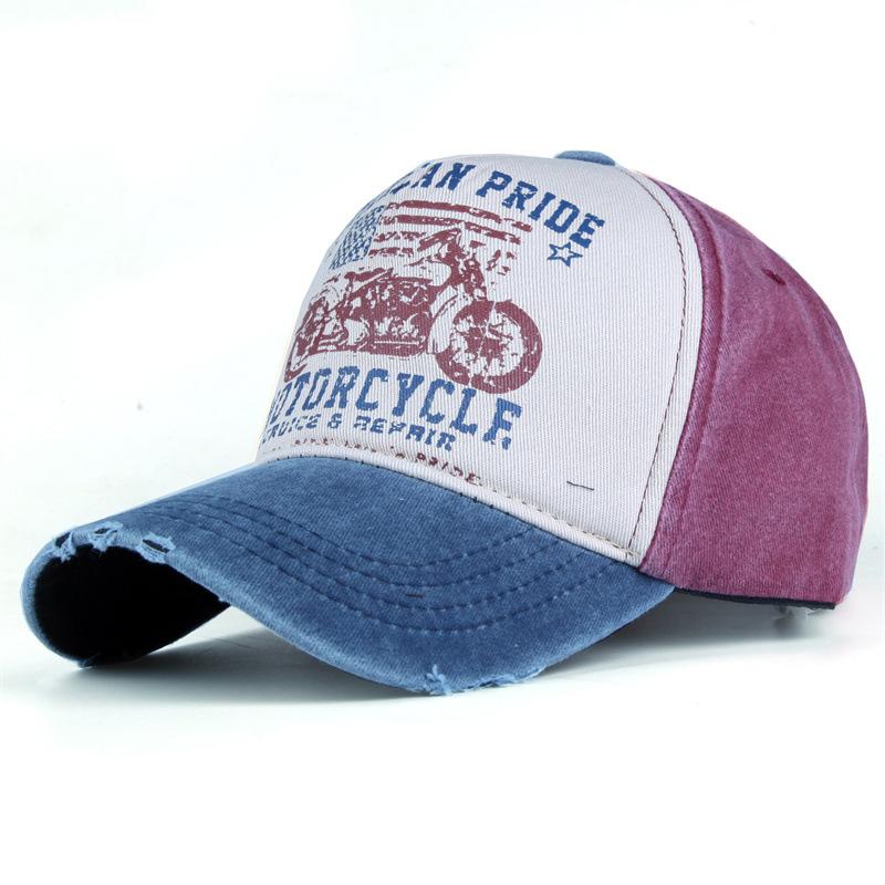 Pure cotton five-panel printed motorcycle baseball cap, trucker cap, distressed washed hat, outdoor sun hat, trendy Korean style