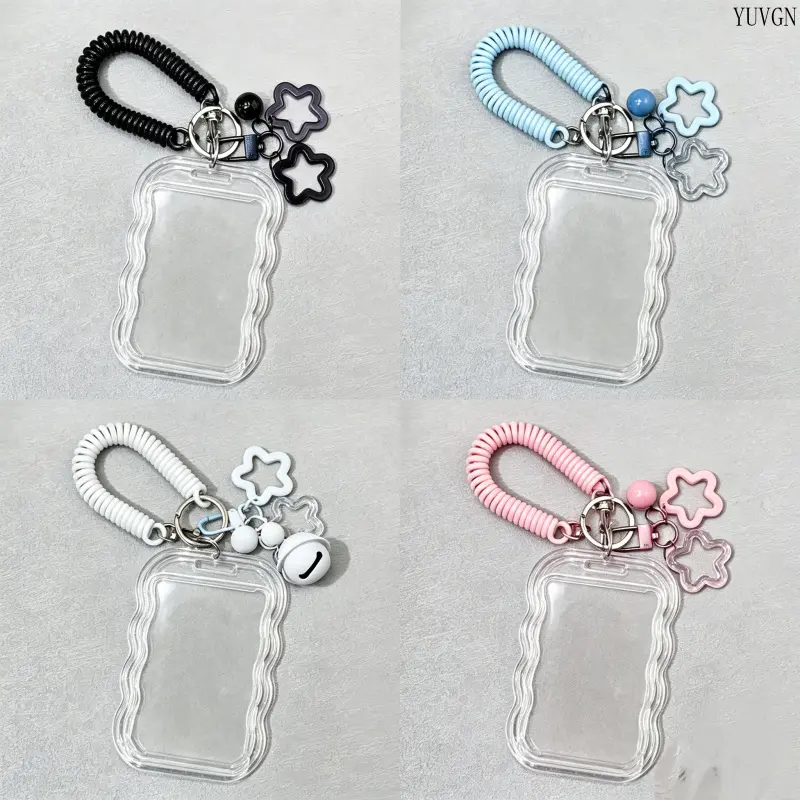 4PCS Unisex Wavy PVC ID Card Holder - Compact Small Snug Fit Coiled Retractable Wrist Strap, Star Bell Keychain, Anti-Lost Student Campus Badge Sleeve, Durable Daily Protector, Ideal Back to School Gift