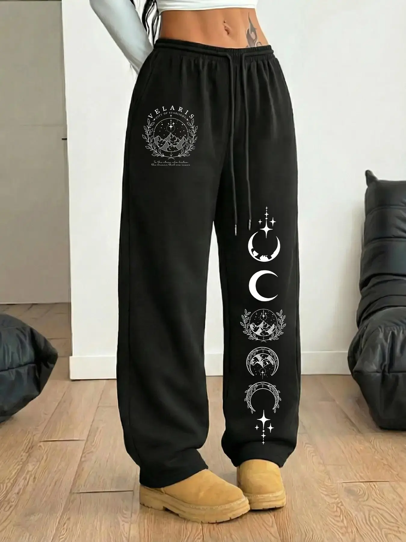 Women's Star Moon Mountain Print Wide Leg Baggy Casual Sweatpants, American Dark High Street Drop Waist Sporty Long Pants, Straight Leg Women's Trousers