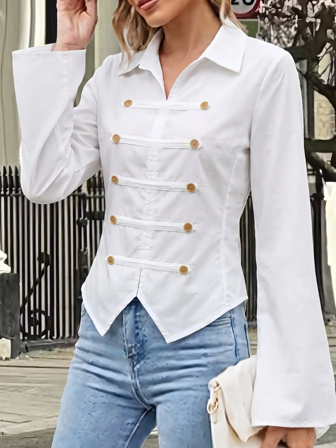 Elegant Women's Blazer Shirt, Vintage Two-Button Design, Flared Sleeves, Waist-Cropped Tailcoat Style, Fall Luxury Button-Up Top