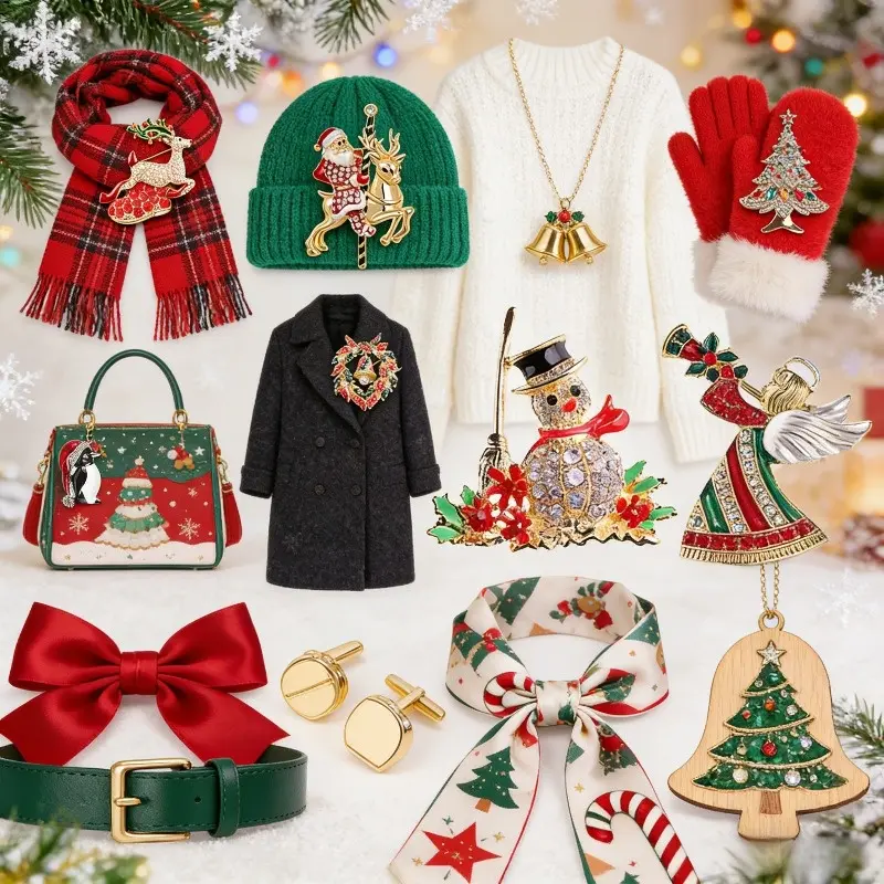 Set of 12 Christmas Brooches for Boys and Girls | Elegant Colorful Rhinestone Holiday Accessories Featuring Santa Claus, Reindeer, Snowman, Christmas Tree and Bell Pendants, Glittering Party Decorations