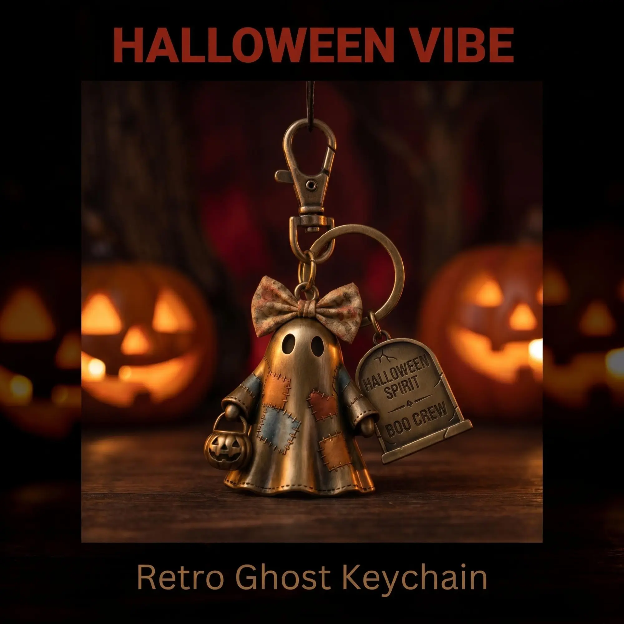 Vintage Patchwork Ghost Halloween Bronze Keychain, a unique bag decoration pendant. This vintage bronze ghost keychain features a pumpkin bucket and is a gothic Halloween ghost-themed accessory. It can be hung on your wallet or backpack.