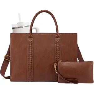 Laptop handbag, vintage leather work bag with cup holder, waterproof computer bag, professional briefcase office shoulder handbag, 15.6inch