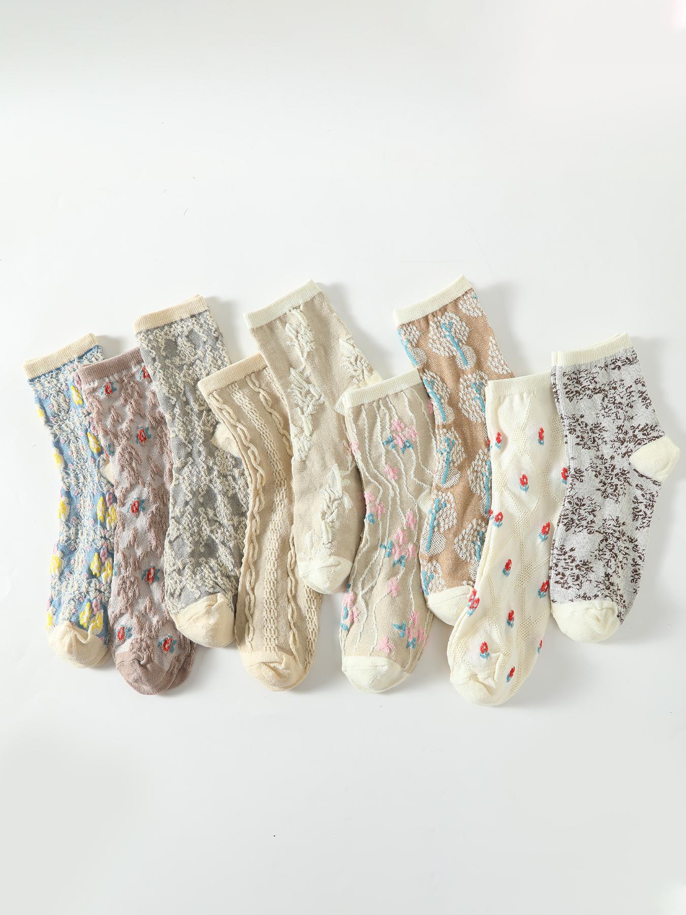 Women's 9 Pairs Ditsy Floral Print Crew Socks with 3d Textured Design, Casual Comfortable Breathable Medium Lady Socks for Daily Wear, Multipack Knit Socks for All Seasons, Breathable Soft Socks