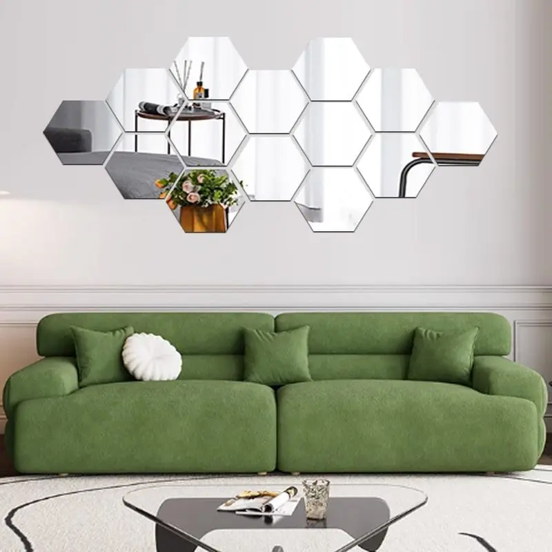 12PCS Hexagon Acrylic Mirror Wall Stickers, Self‑Adhesive Plastic Mirror Tiles, DIY Art Decor Decals for Living Room, Bedroom, Sofa and TV Background Home Wall Decoration