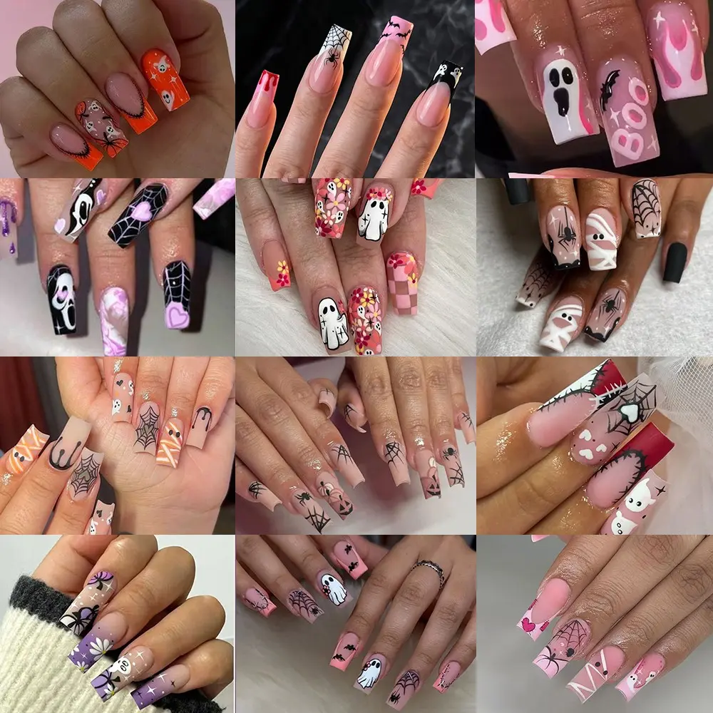Halloween Press-On Nails Set, 280 Pieces, Medium Square, Ghost, Mummy, Blood Drop, Bat, Spider Web, Pumpkin Design, French Tip, Women & Girls