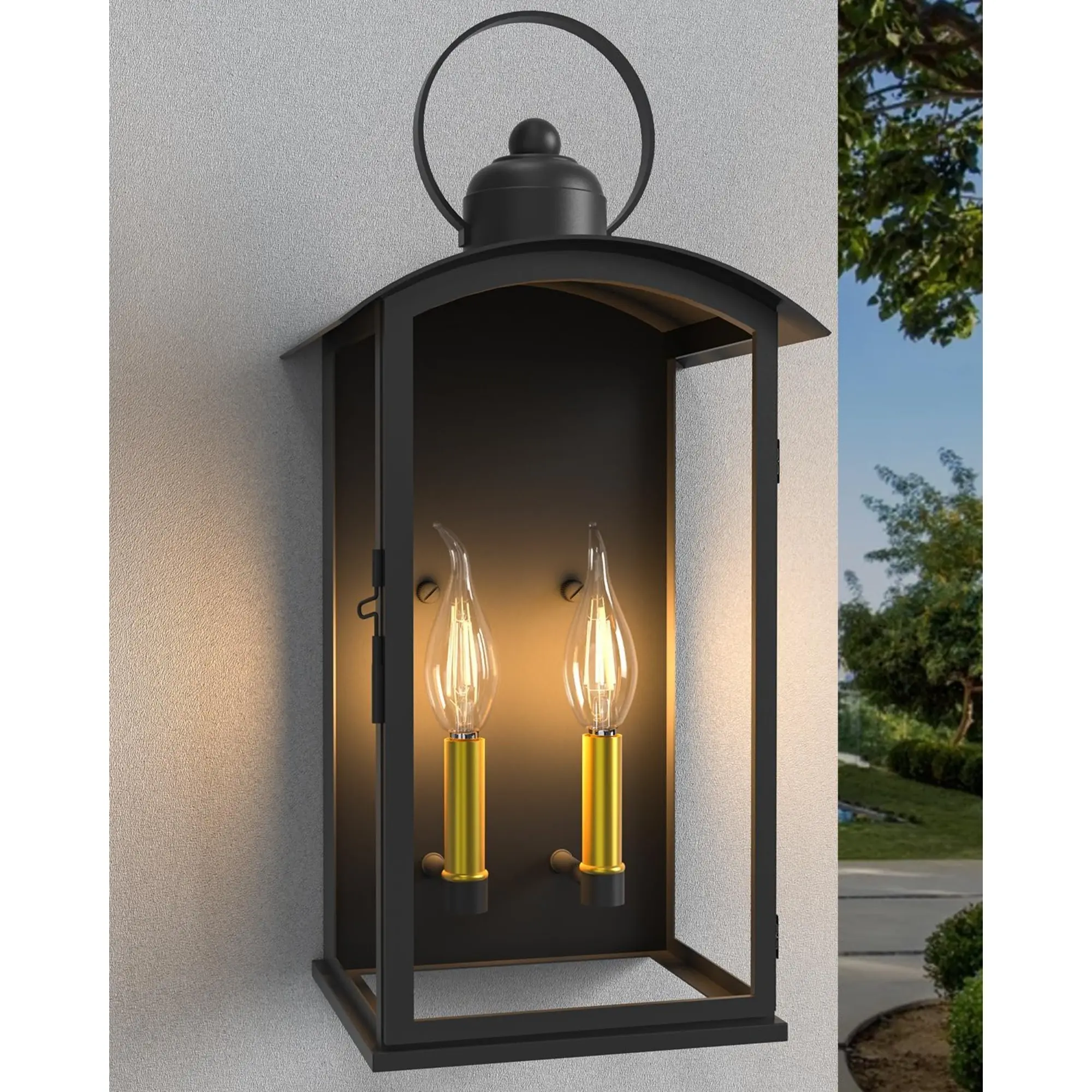 Nokaa 19.7in Outdoor Wall Sconce Dusk to Dawn Sensor Light Waterproof Black Metal Glass Exterior Lantern Front-Open Window for Patio Porch Entryway Modern Backyard Garage Courtyard E12 Bulbs Not Included