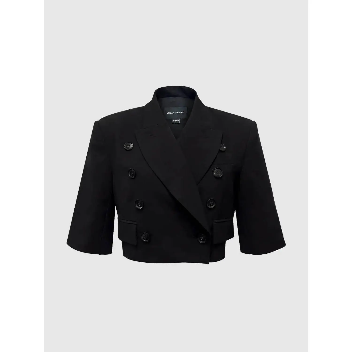 URBAN REVIVO Women's Cropped Blazer - Double-Breasted, Stretch Wool-Viscose Blend, Mid-Length Sleeves, Preserve Color Shape Structure, Multi-Size Cropped Fit, Preserve Color, Shape, And Structure, Sleeve Length, Xl
