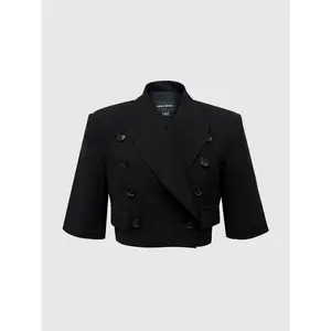 URBAN REVIVO Double-Breasted Cropped Blazer with Mid-Length Sleeves, Polyester, Fabric