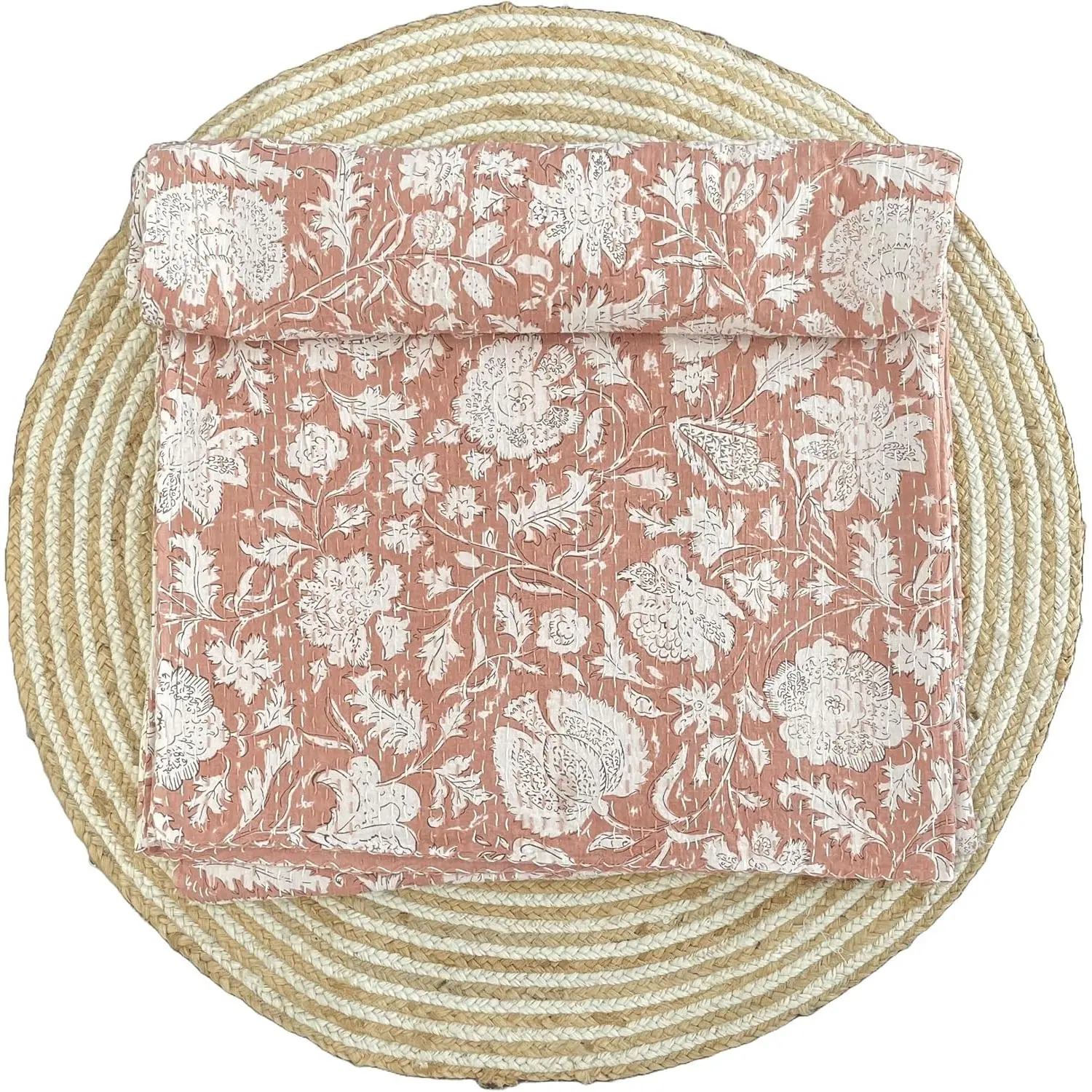 Indian Handblock Kantha Floral Printed Handmade Quilted Blanket Vintage Home Decorative KanthaThrow Blanket Kantha Bedcover Queen/King / CaliforiniaKing (Peach, Queen/king 90X108 inches)
