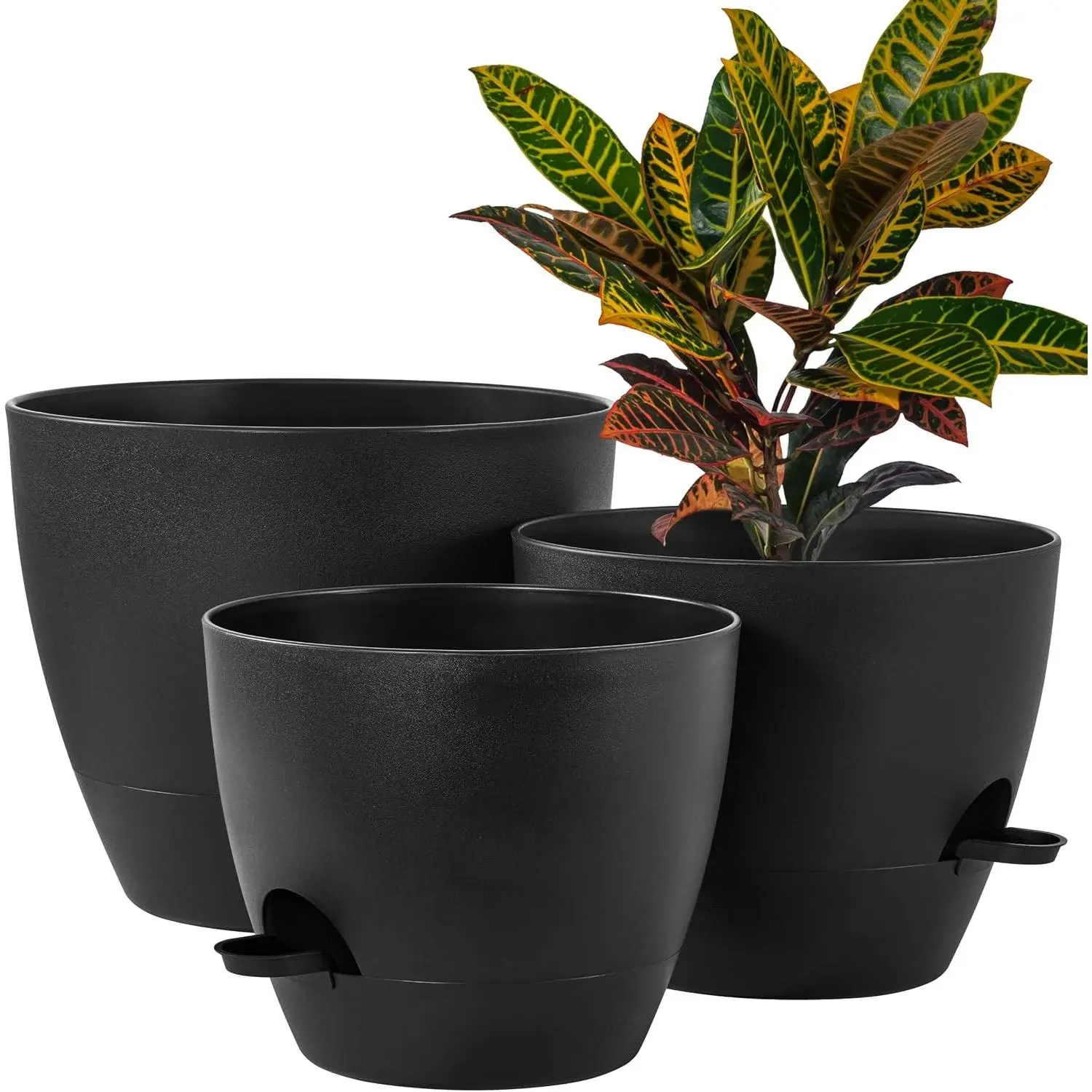 3-Pack Large Planter Pots, 12 10 9 Inch Self Watering Flower Pots for Indoor Outdoor Garden Plants, Black