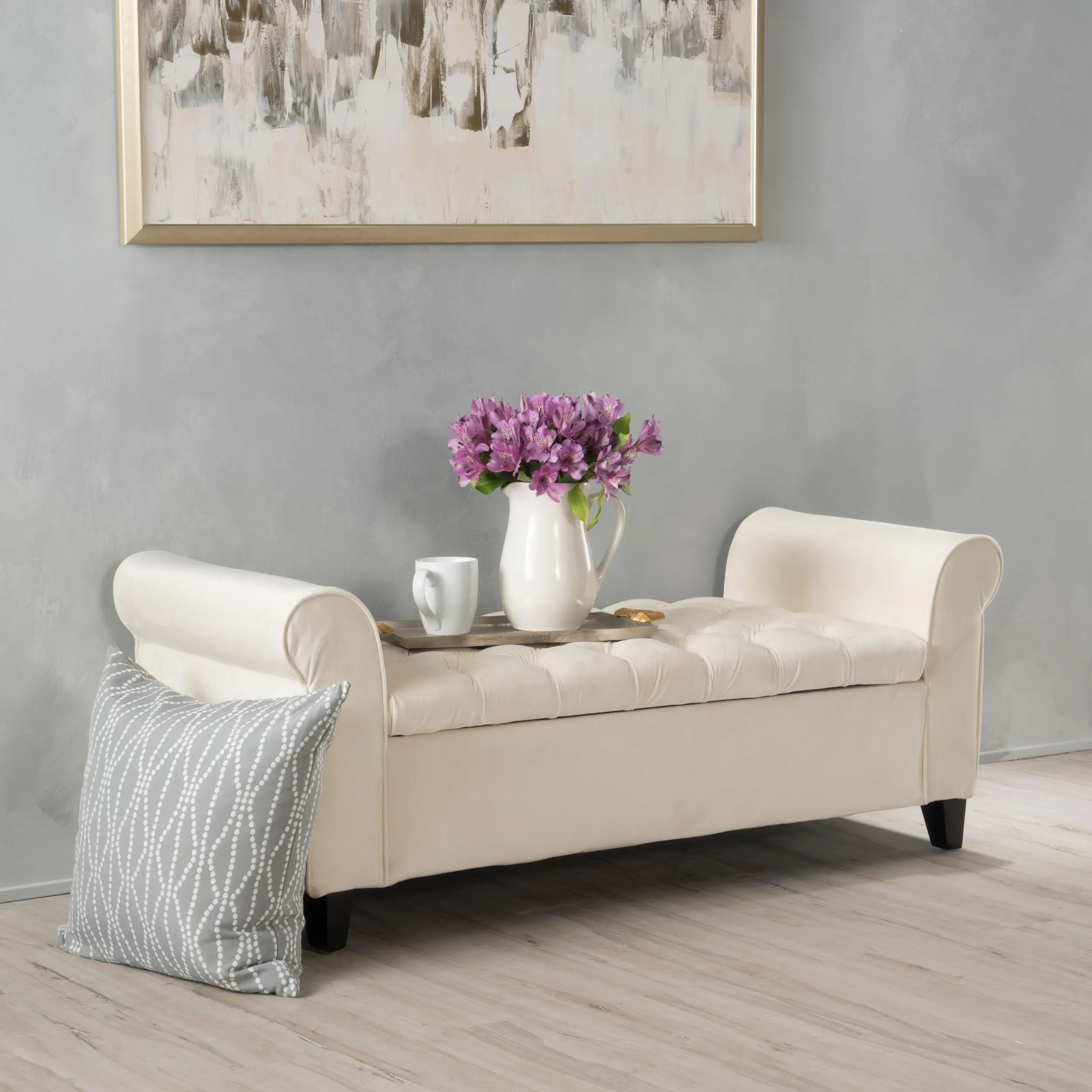 Classic Ivory Fabric Storage Bench with Rolled Arms, 38 Inches Seat Width, Black Legs, Button-Tufted Design, Hidden Storage Compartment, Assembly Required, Indoor Furniture for Living Room, Bedroom, Home Organizer Stool, Elegant Button-Tufted Design