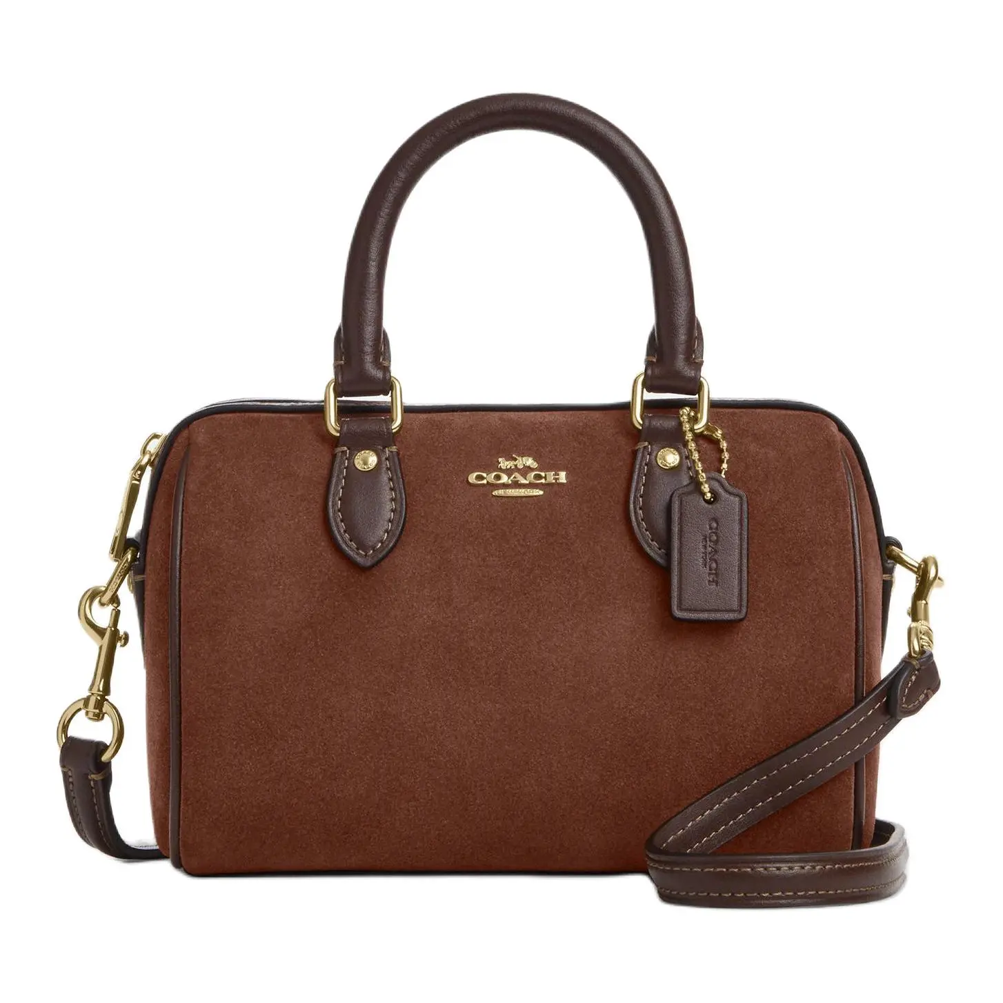 COACH Rowan 17 Suede-Texture Leather Boston Tote Bag for Women, Vintage Brown with Gold Logo