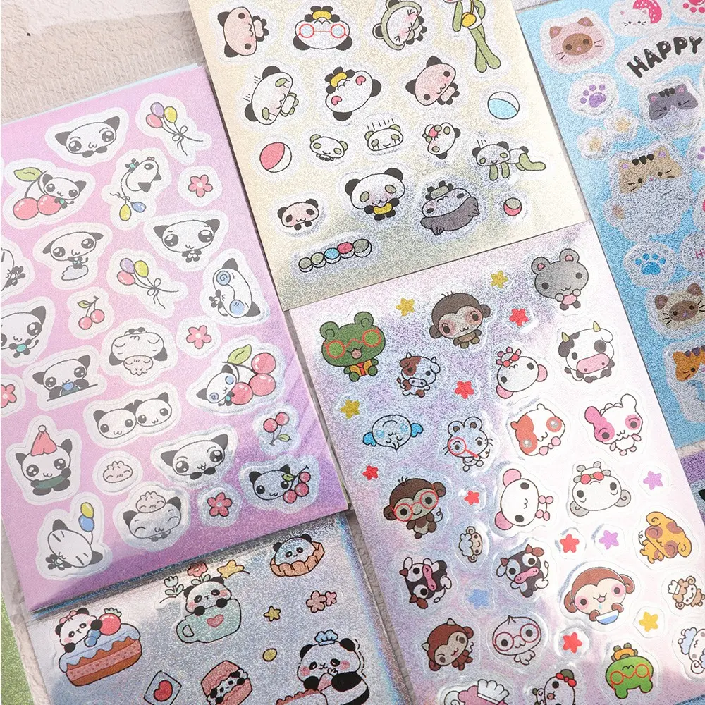 8 Sheets Cartoon Animal Stickers, School Supplies Stickers, Panda Monkey Cat Silver Color Stickers, Diary Phone Case Decorative Stickers