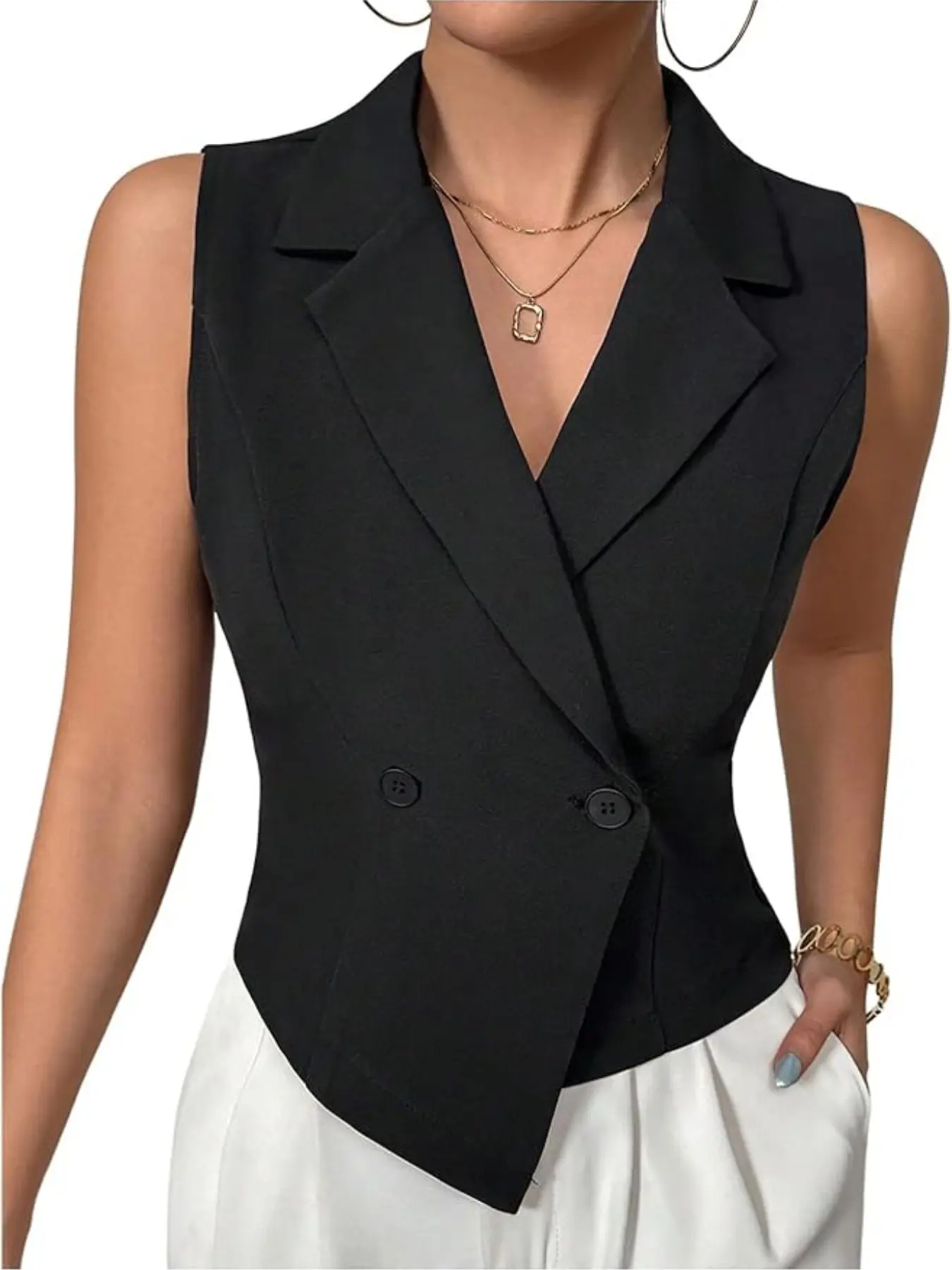 Women's Lapel Sleeveless Blazer Vest, Double Button Tight Short Waist Belt, Elegant Office Work Casual Set, Blazer Top