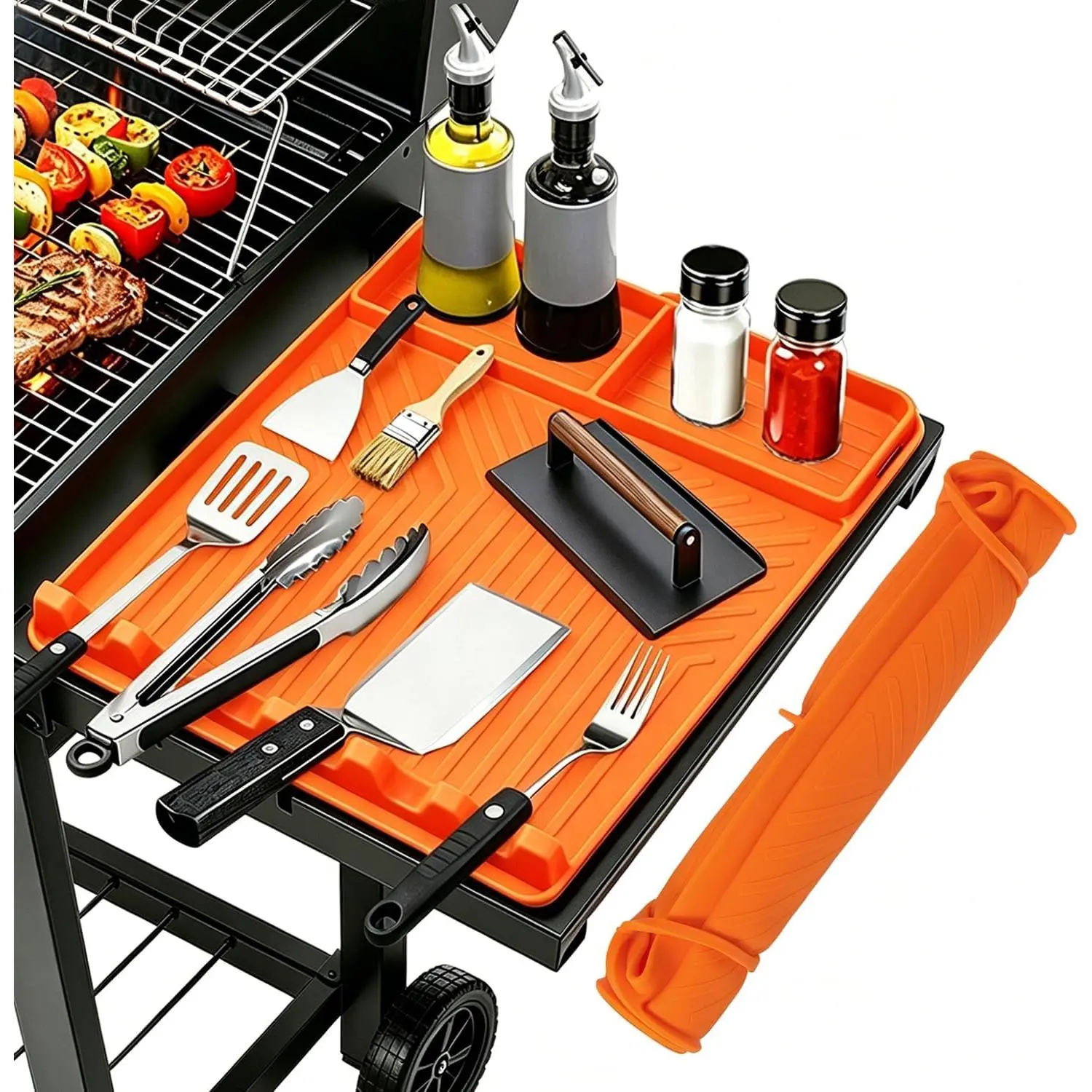 Rollable  Grill Mat for  Griddle Shelf (Orange) | Heat-Resistant Side Shelf Organizer with Drip Tray for Griddle Tools & BBQ Accessories, Non-Slip Outdoor Mat  for Men