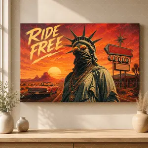 Ride Free Sunset Road Canvas Poster, Freedom Statue Inspired Wall Art, Retro Desert Motel Aesthetic Print, Living Room Decor, Bedroom Wall Art, Office Wall Decor, Garage Decor Gift,wall decor,poster.