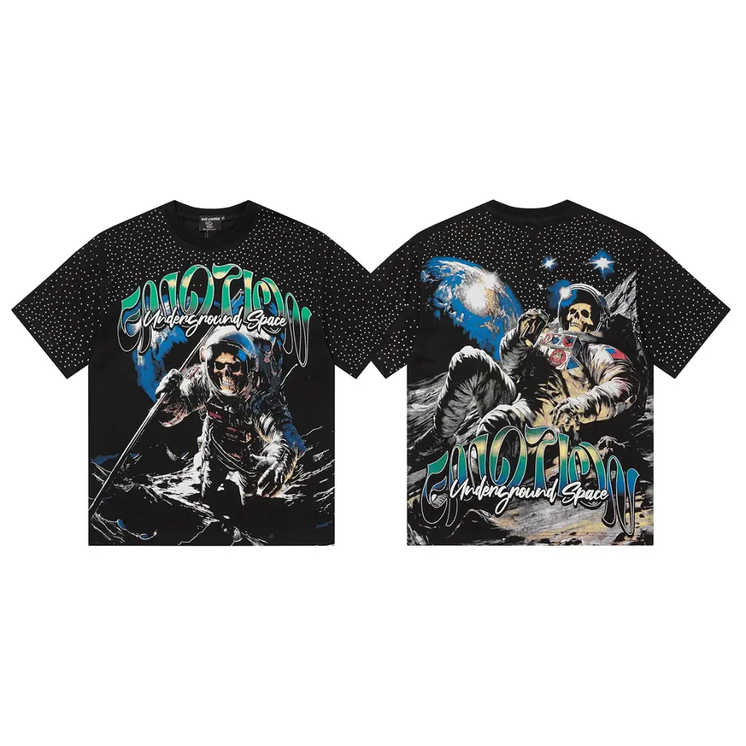 Trending MIXED EMOTION Rhinestone Graphic Cotton T-Shirt Heavyweight Oversized Gothic Y2K Streetwear Tee Loose Fit Crew Neck Short Sleeve Hip Hop Fashion Top Casual Summer Outfit Unisex Men Women Gift