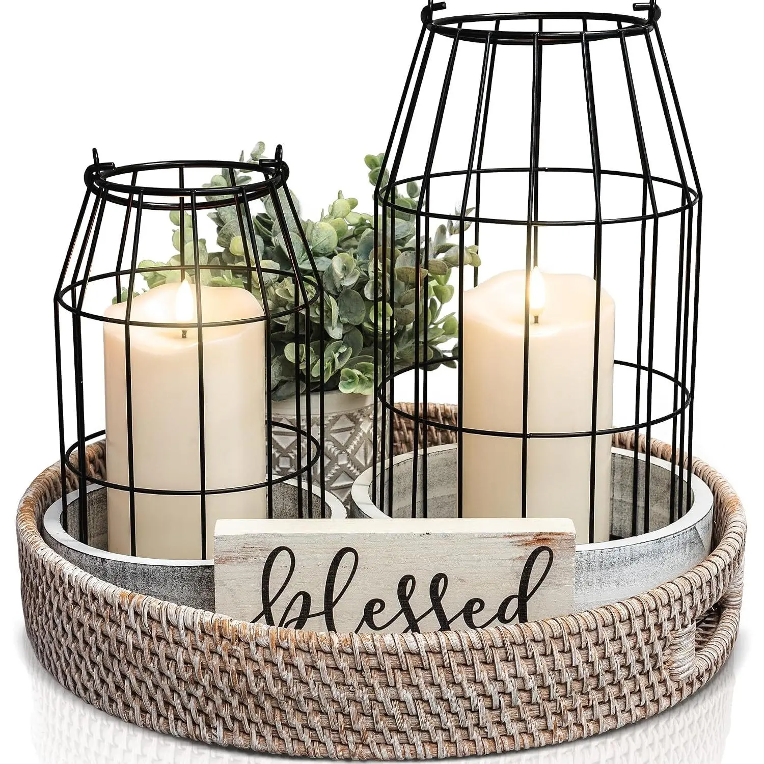 Rustic  Lantern Decor Set of 2 - Stylish Decorative Lanterns for Your Living Room, Patio & Porch or Kitchen Dining Table - Modern Indoor/Outdoor Coffee Table Decor for Your Entire