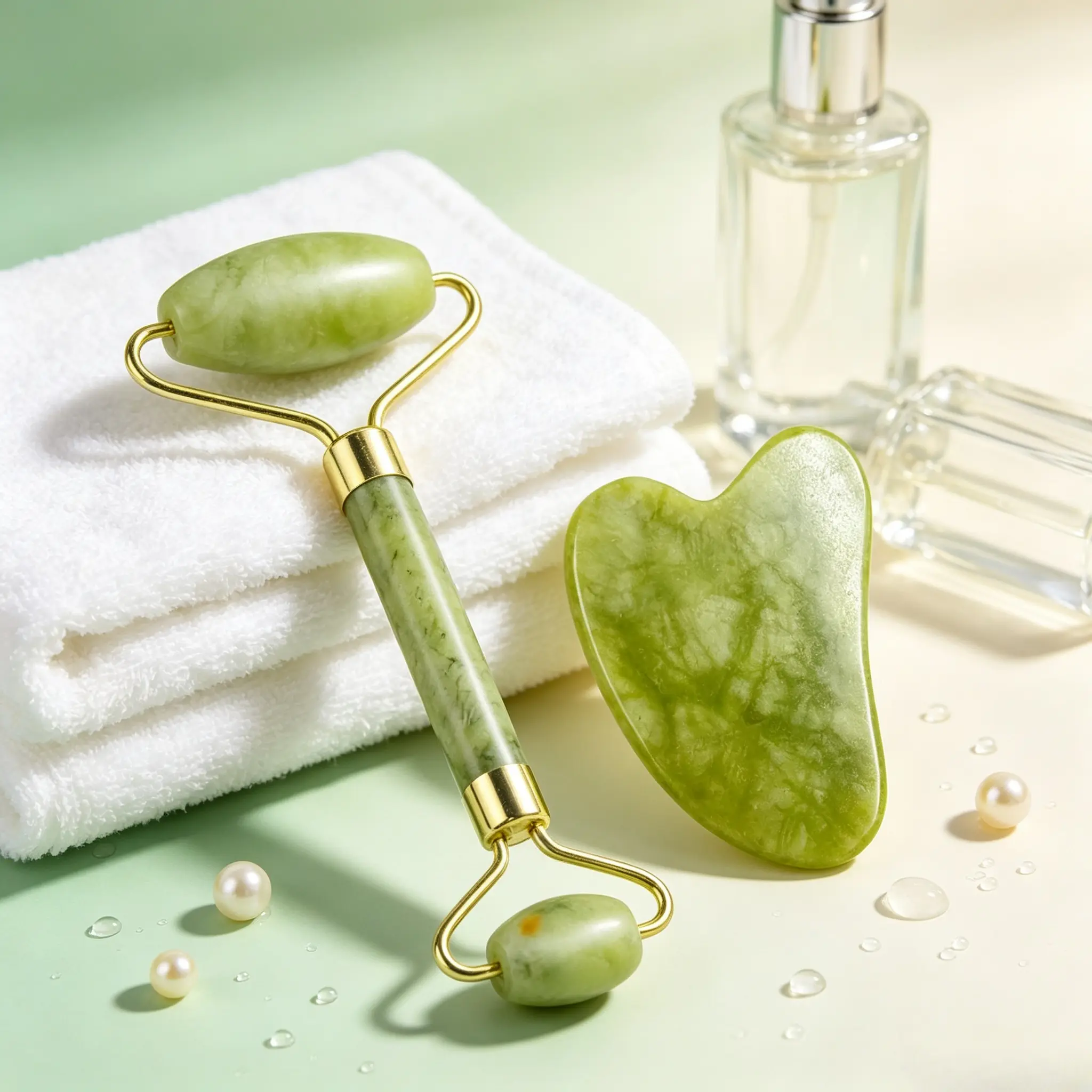 Facial jade roller and gua sha tool set, finely polished smooth jade without rough edges. Great for face, eye area, neck and full-body massage. Boost skincare absorption, classic beauty accessory for women’s home skincare.