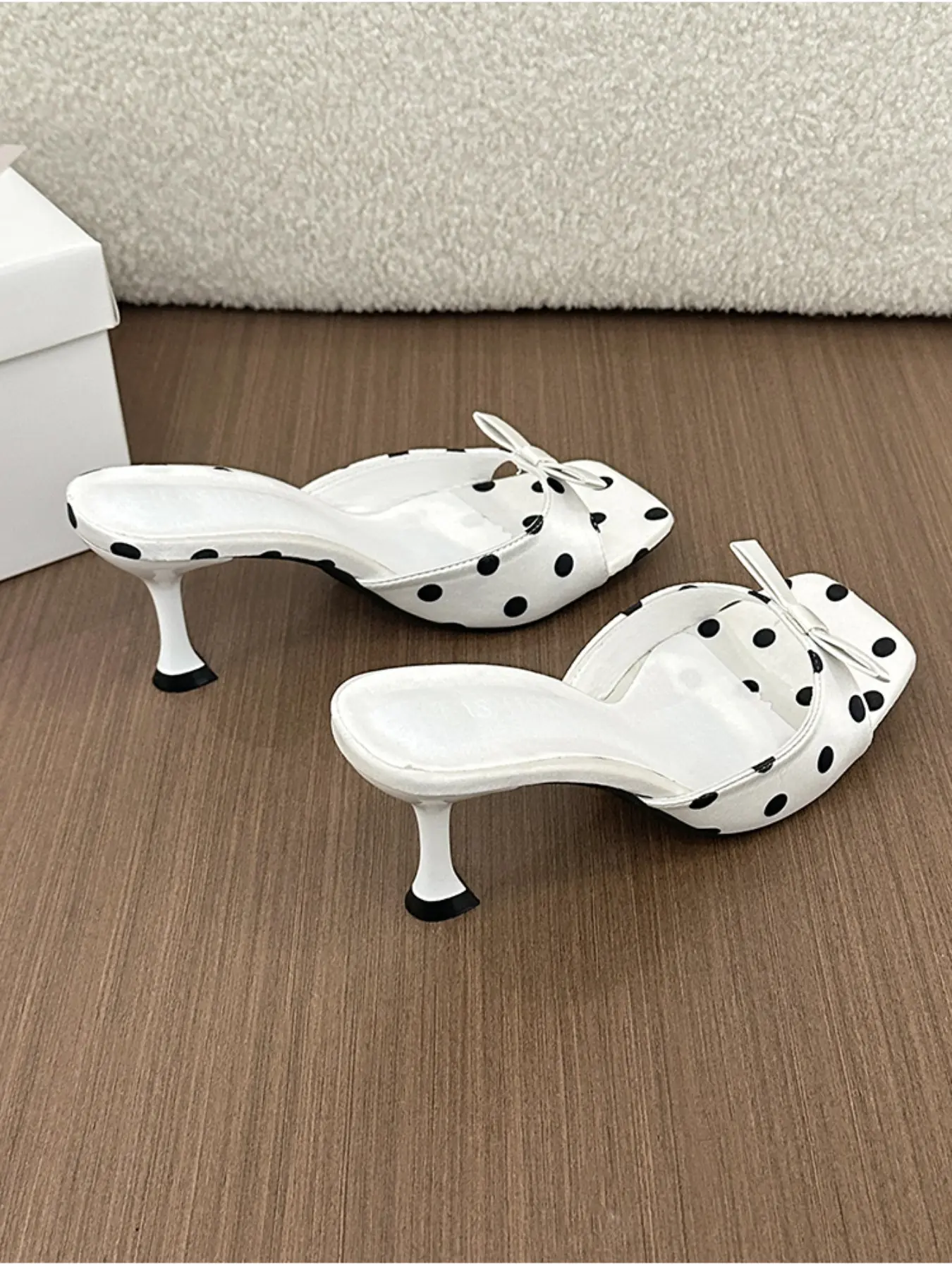 Women Square Toe Polka‑Dot Bow Kitten Heel Mule Slides slipresistant Zapatos affordablefashion Open Toe Backless Heeled Sandals For Party Date Evening Wear
