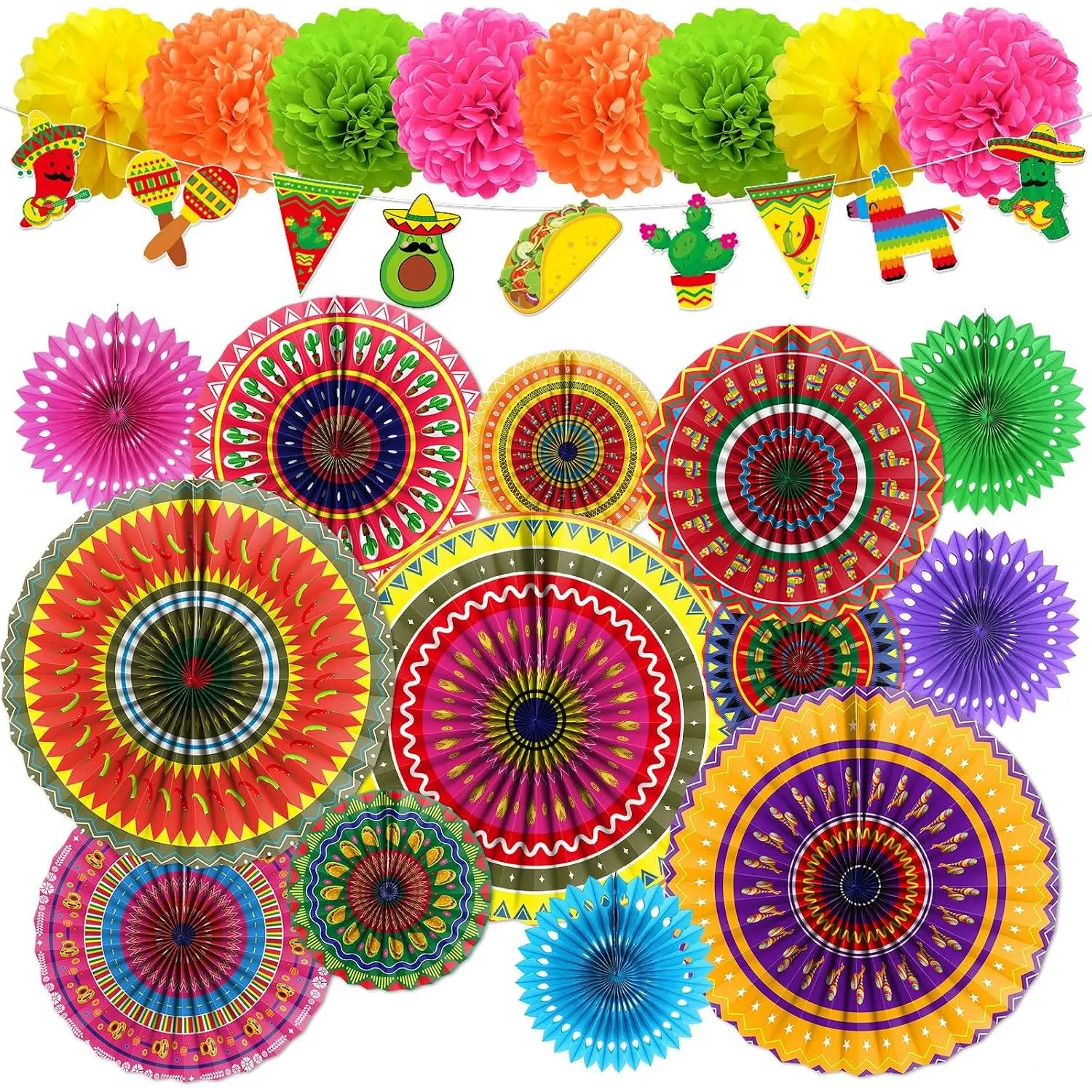 Fiesta Party Decorations Set, 18 count Mexican Taco Theme Colorful Banners and Paper Fans Birthday Decorations, Cinco De Mayo Paper Pom Poms Decor for Wedding Rainbow Party Supplies