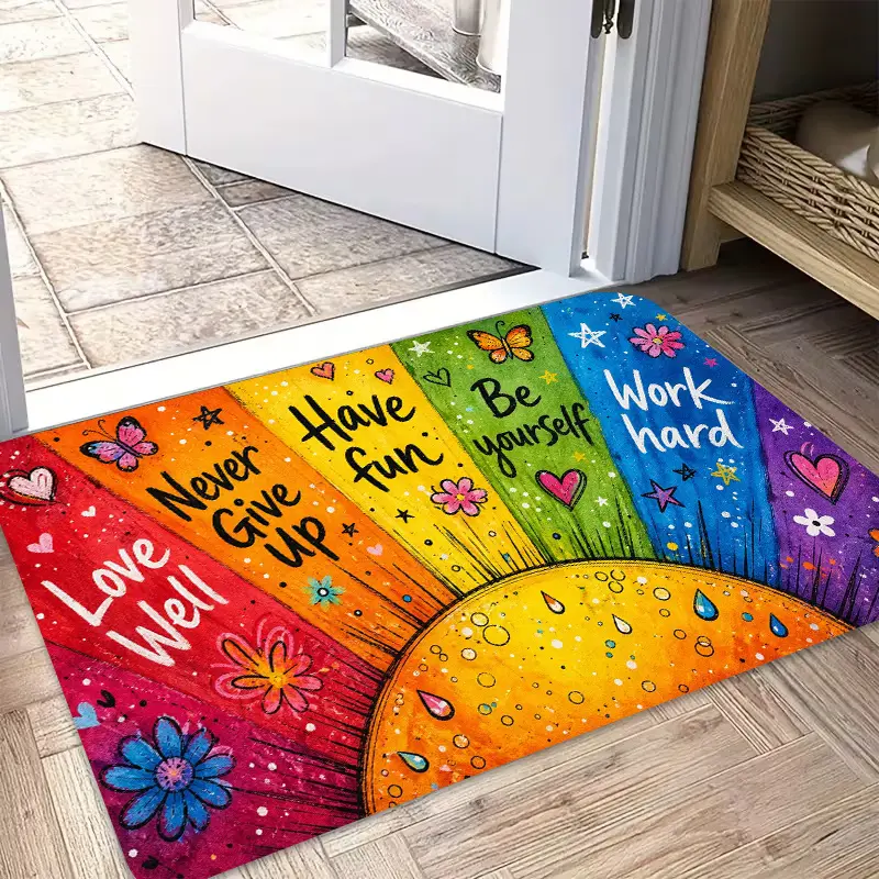 Flannel Floor Mat 1-piece, 2D flat printing, rainbow inspirational quote floor mat, colorful and non-slip, machine washable polyester carpet, suitable for home decoration, entryways, halls, bathrooms, and balconies