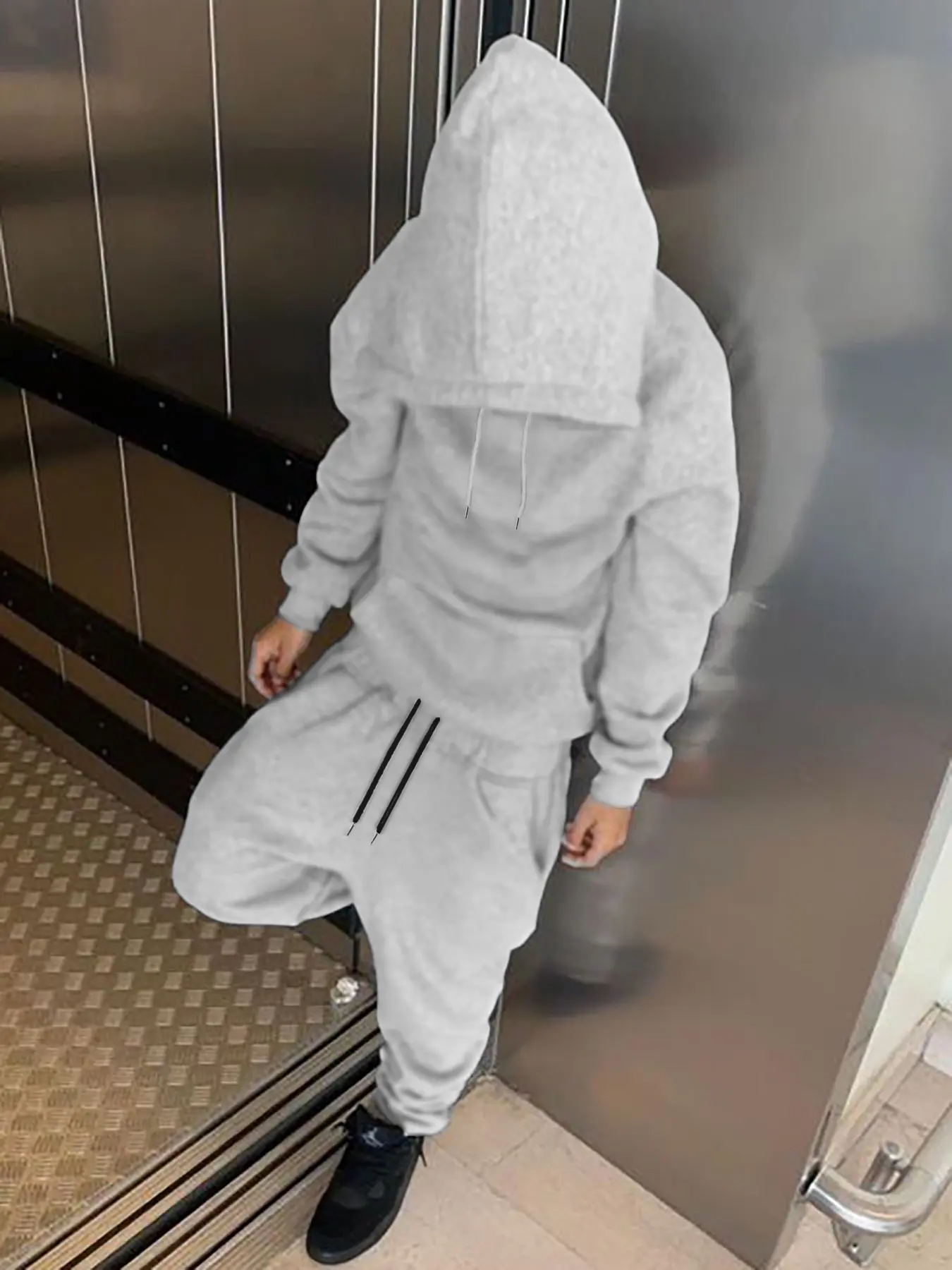 Men's Fashion Plain Pullover Hoodie and Pants Set, Loose Fit, Street Style, Daily Commute, Casual and Trendy, Two-Piece Outfit