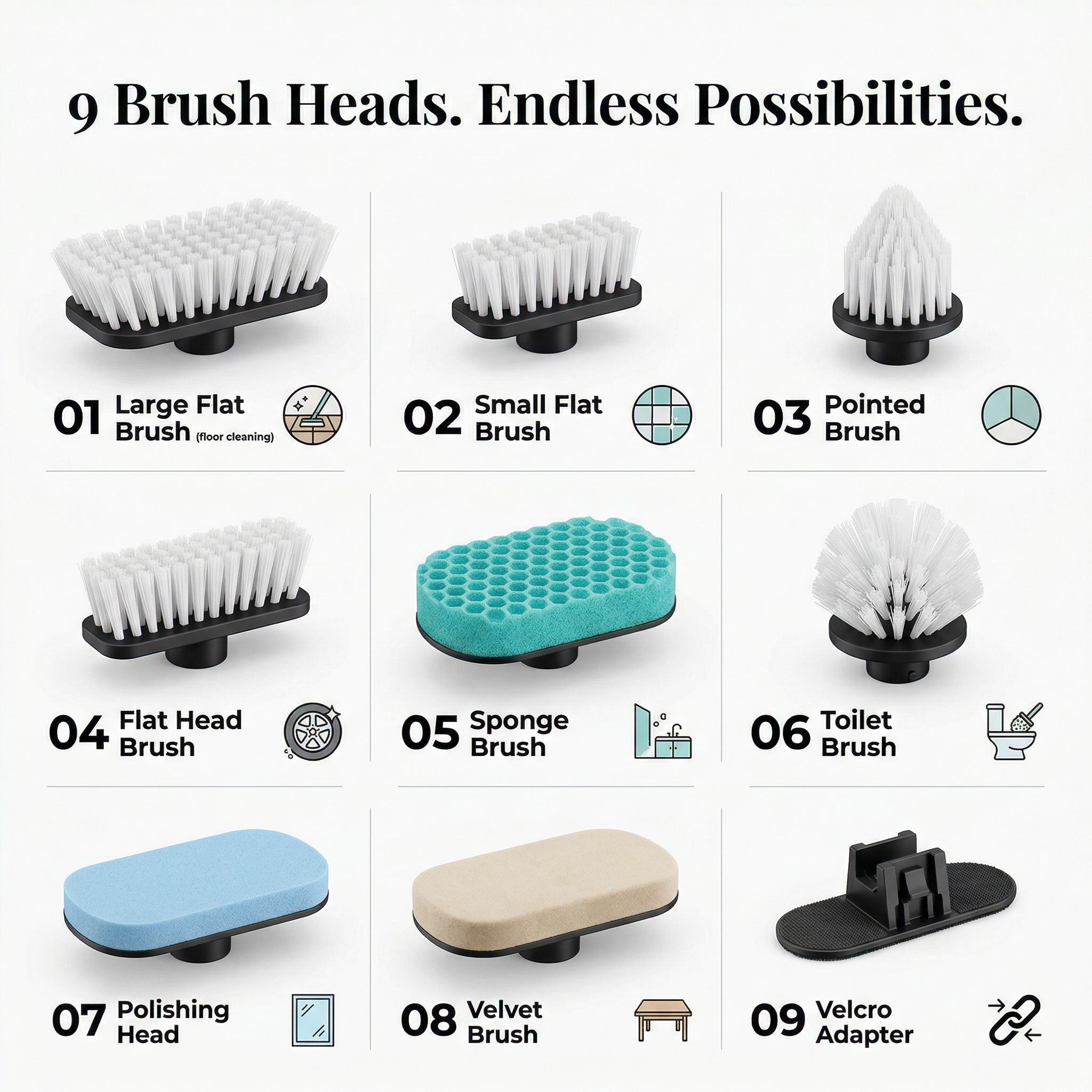 Pro-Series 9-in-1 Electric Spin Scrubber| Ultimate Power Scrubber for Deep Cleaning| IPX7 Waterproof & Cordless| 9 Interchangeable Heads| For Bathroom, Kitchen, Floor & Car