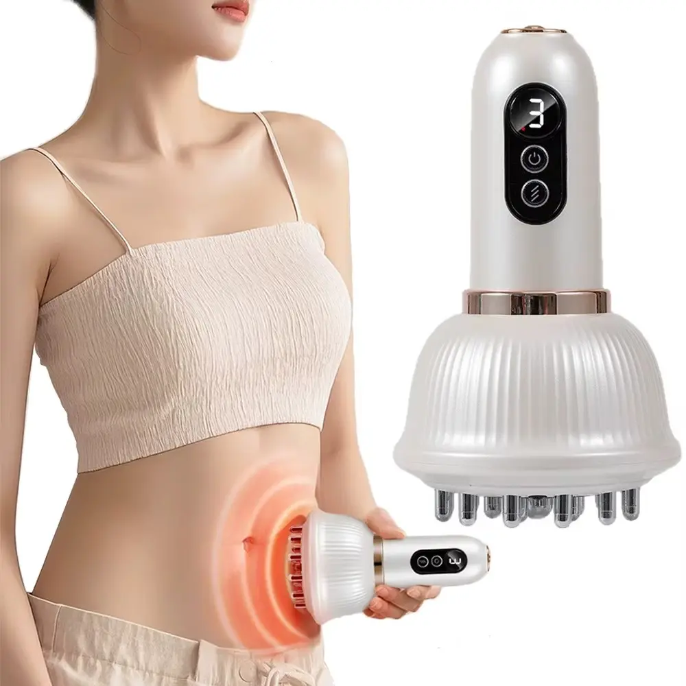 5-In-1 USB Rechargeable Abdominal Massager, Adjustable Relaxing Gua Sha Cup Strength, Handheld Arm Leg Massage Device, Hot Pulse Lymphatic Brush