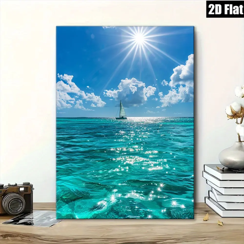 2D canvas print, 2D canvas print, [2D canvas print] 1 piece Quiet Tropical Sailboat Canvas Print, Minimalist Ocean Wall Decor, Blue Ocean Seascape Art, Sunset Glow Atmosphere, Floating wooden frame for hanging, suitable for living room beach-themed decora