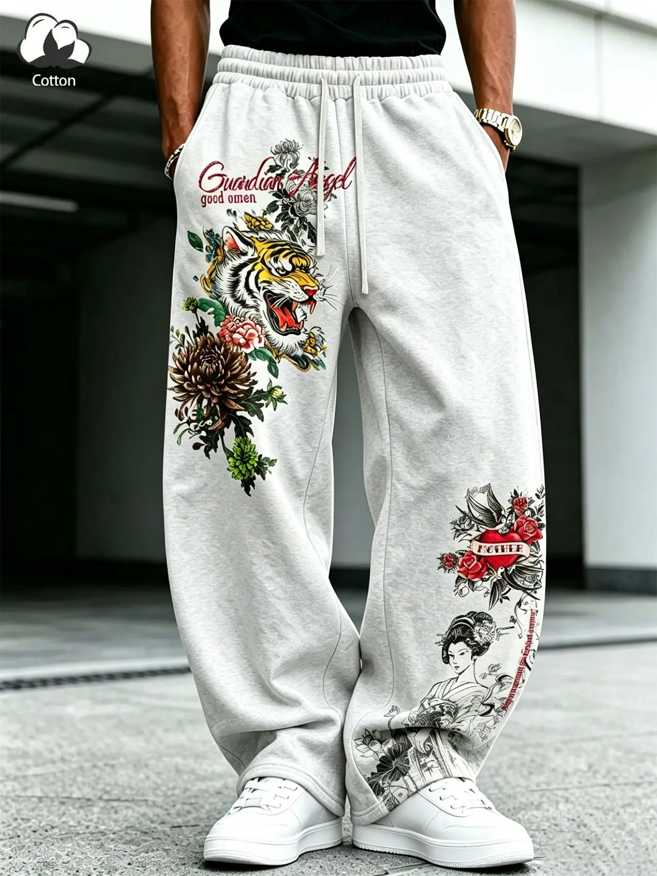Unisex Multi-Color Japanese Irezumi-Style Tiger & Geisha Asymmetric Print Wide Leg Loose Sweatpants "Guardian Angel" Slogan Elastic Waist Vintage Streetwear Pants
