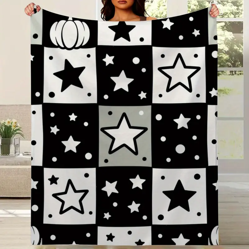Comfortable Black & White Star Print Flannel Blanket - Soft Year-Round Bedspread with White Polka Dots and Large Gray Stars, Cozy Bedding for Movie Nights and Rooms - Thick Durable Fabric (No Embellishments)