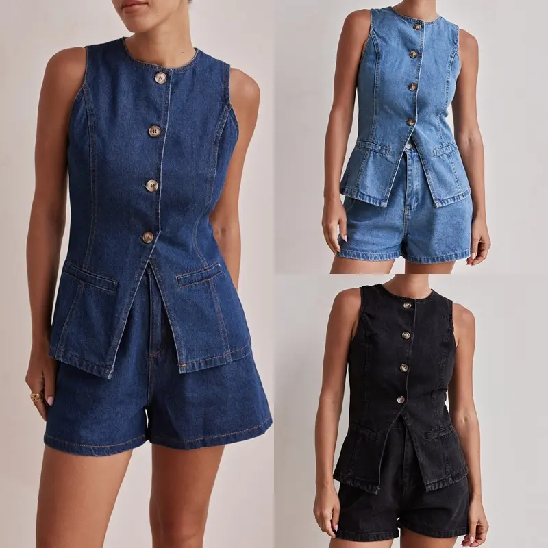 Women's Denim Outfit Fashionable Sleeveless Waist-Cinching High-Waisted Loose Denim Shorts Set