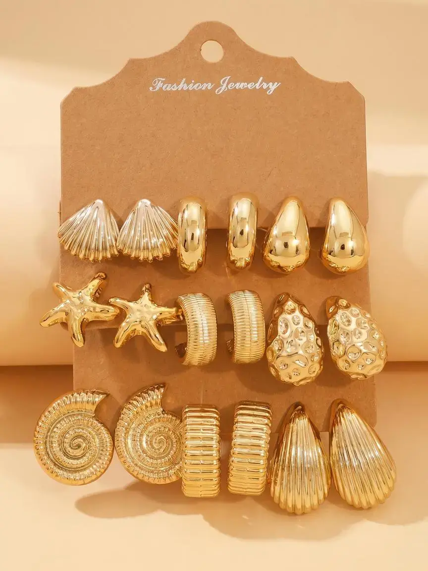 Set of 9 Pairs of Women's Chunky Gold Hoop Earrings, Earring Stacks — Hypoallergenic Stackable Earring Set featuring Thick Open Twisted Hoops, Stylish Gold Starfish, Textured C-Shaped Designs — Perfect for Travel and Vacations