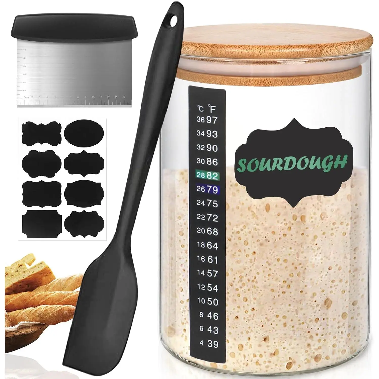 Sourdough Starter Jar, 34 Oz DIY Pro Glass Sourdough Starter Jar Kit With Thermometer,  Spatula, Blackboard Stickers and