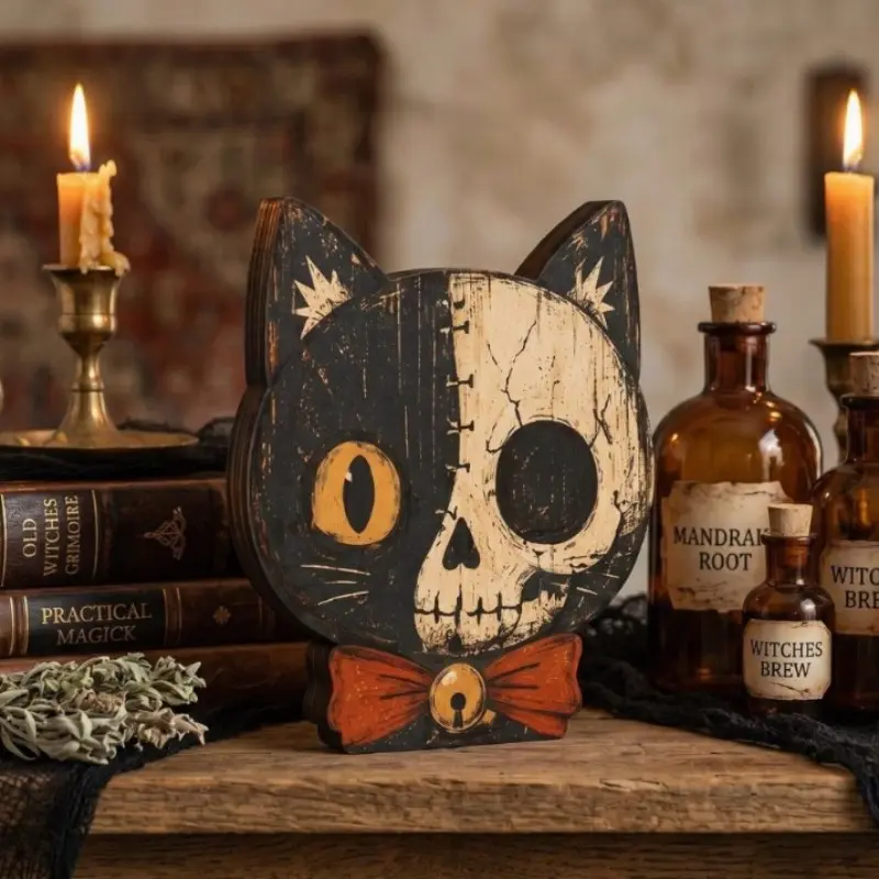 1Pc Retro Gothic Wooden Cat Head Tabletop Decor, Halloween Decoration, Aesthetic Room Decoration, Vintage Distressed Skull Cat Block Suitable for Shelf Mantel Tray, Artificial Desktop Display for Halloween Housewarming Gift, Shelf Ornament