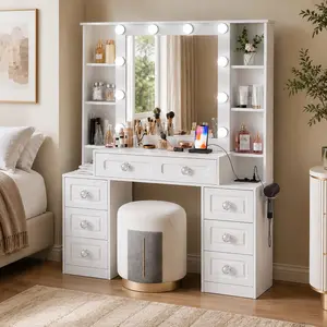 White MDF Makeup Vanity Desk with Lighted Mirror, Charging Station, 7 Drawers, Open Shelves, Hair Dryer Holder, Dressing Table for Bedroom, Women, Girls, 15.75W x 44.09D x 57.09H Inches, White