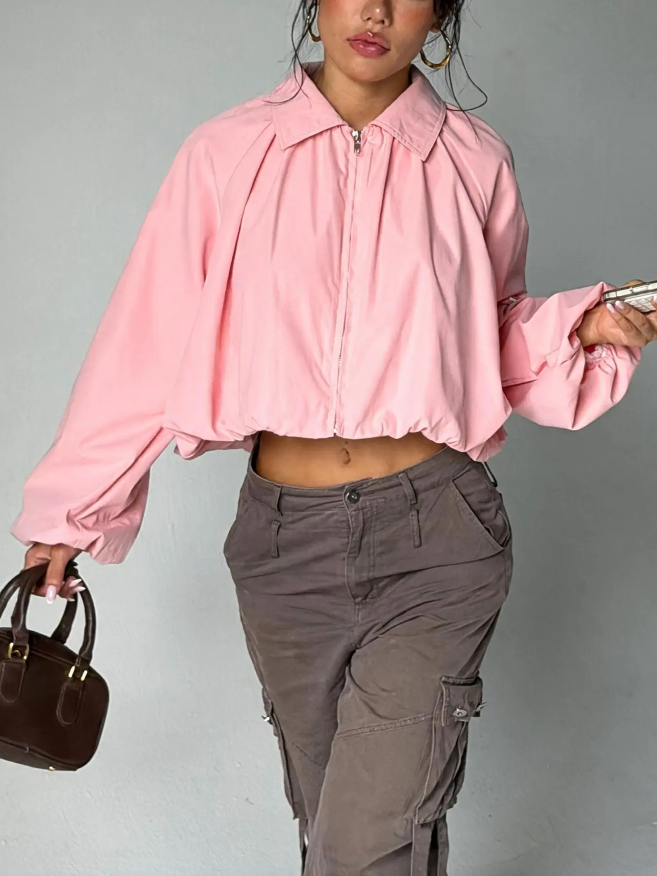 Pink Cropped Jacket Women Collared Full Zip Up Long Sleeve Raglan Batwing Gathered Cuffs Elastic Hem Oversized Loose Fit Lightweight Casual Coat Shacket Y2K Streetwear Date Night Party Daily Chic Outerwear