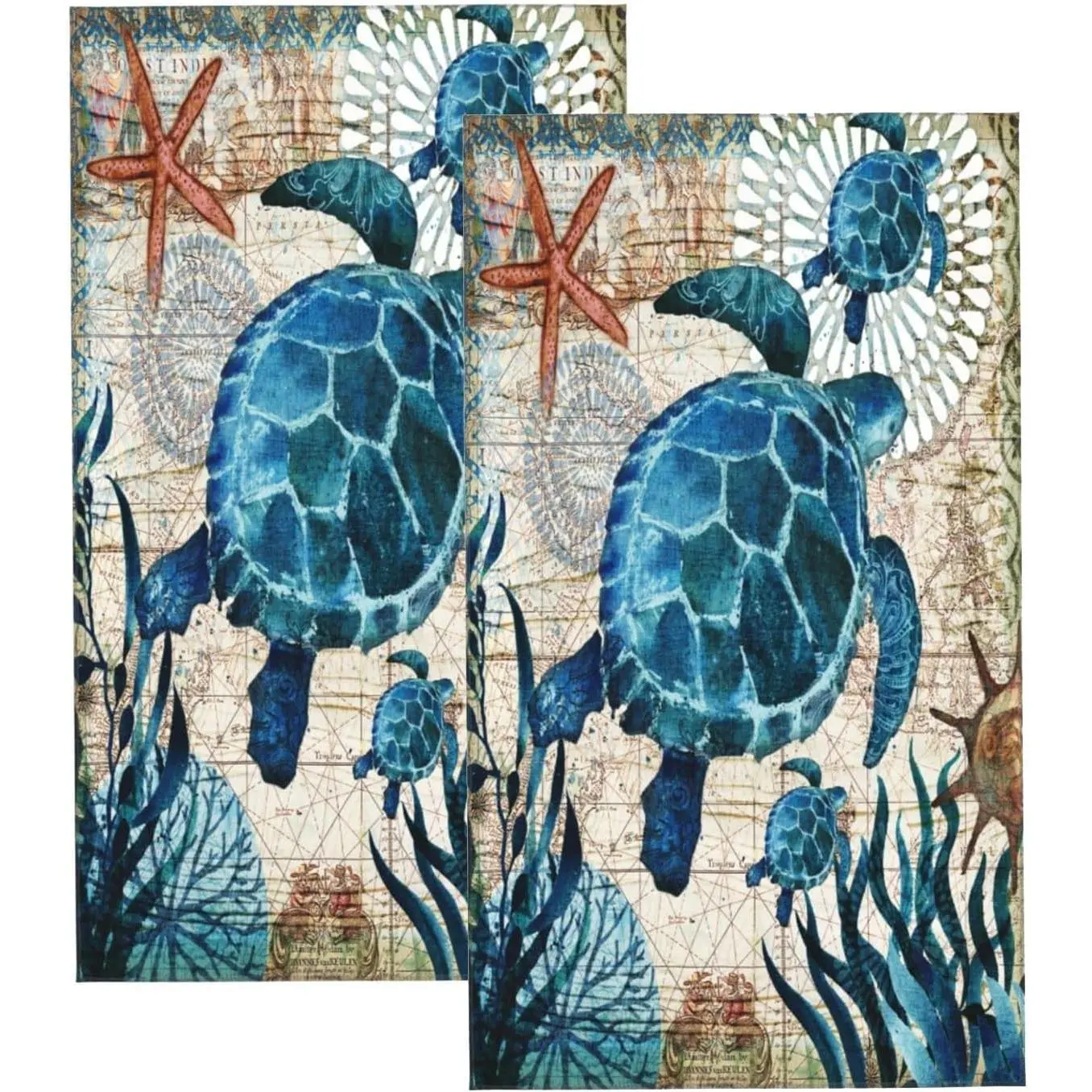Set of 2 Sea Turtle Hand Towels, Vintage Ocean Beach Theme Teal Ultra Soft Absorbent 15.7"x27.5" Small Towels for Bathroom Kitchen Dish Guest Hotel Spa Gym Home Decor