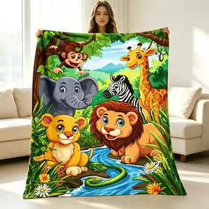 Jungle Animals Throw Blanket Kids Personalized Name Safari Lion Giraffe Elephant Monkey Blanket Gift For Toddlers & BabiesChristmas GiftAnimal Lovers' Gift, Cute Animal,Nature Blanket,Gift for Kids