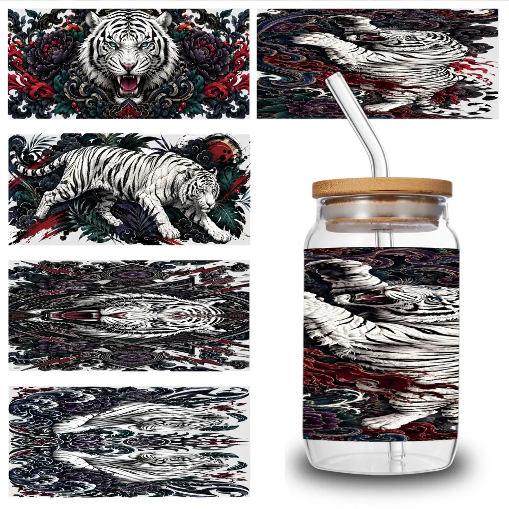 5 Sheets Tiger Art UV DTF Stickers Themed UV DTF Transfer Paper - Waterproof & Scratch Resistant, 3D Crystal Clear Decals for Glass Cups, Mugs, Laptops, Refrigerators