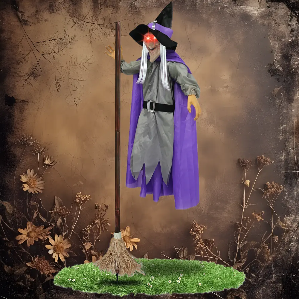 Purple Broom Witch Sound‑activated Light‑up Screaming Flying Witch Halloween Prop for Escape Room & Haunted House Scene Layout