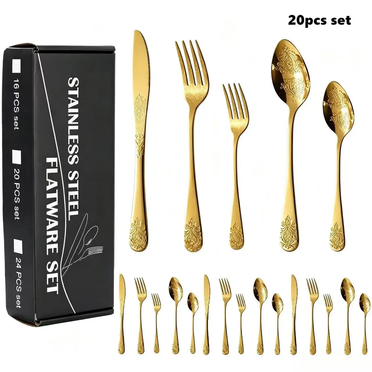 20-Piece Vintage Floral Stainless Steel Cutlery Set, Elegant European Style, Durable & Rust-Resistant, Ideal for Home & Hotel Use